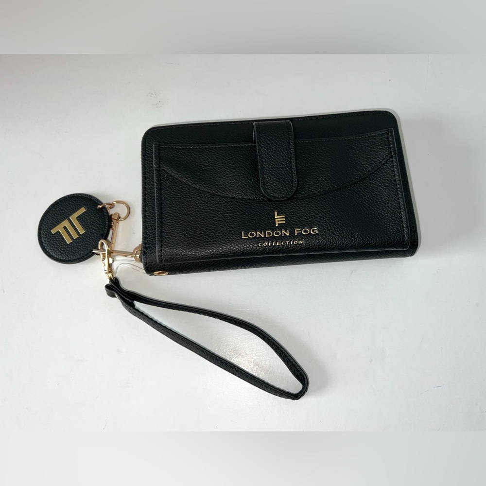 London Fog Black Felicity Pebble Zip Around Wristlet Wristlet with mirror